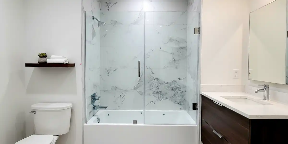 ProShower - swing frameless glass shower door on bathtub-landscape